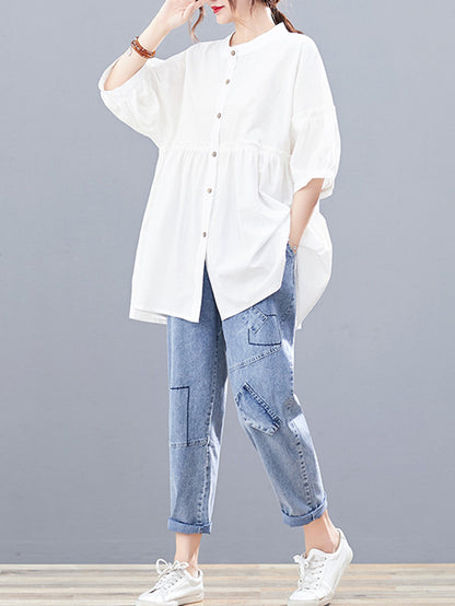 flowersverse Artistic Retro Loose Half Sleeves Pleated Falbala Split-Joint Solid Color Blouses