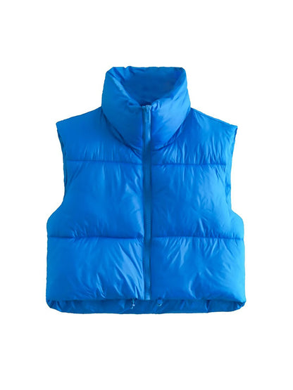 flowersverse Skinny Sleeveless Solid Color Zipper Stand Collar Padded Vest Vest Top