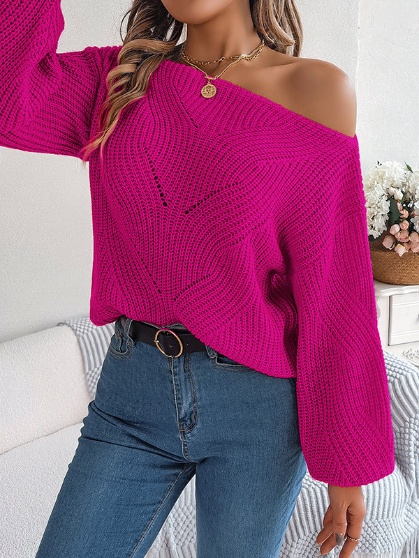 flowersverse Solid Color Split-Joint Loose Puff Sleeves Round-Neck Sweater Tops