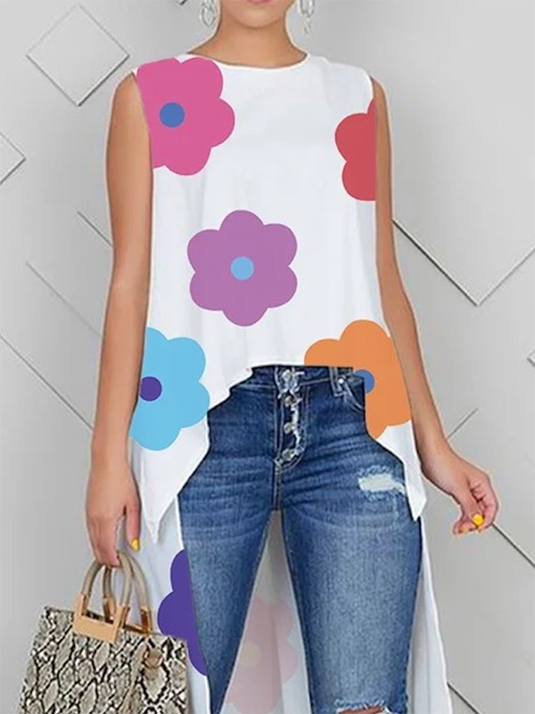 flowersverse High-Low Loose Contrast Color Floral Printed Round-Neck Vest Top