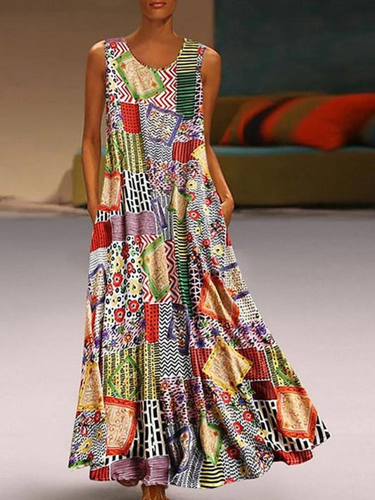 flowersverse Women's A-Line Dress Maxi Long Dress Sleeveless Tribal Print Summer Hot Casual Mumu Khaki M