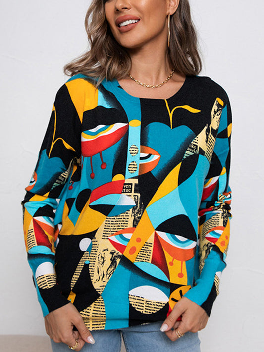 flowersverse Figure Printed Long Sleeves Round-Neck Sweater Tops Pullovers Knitwear