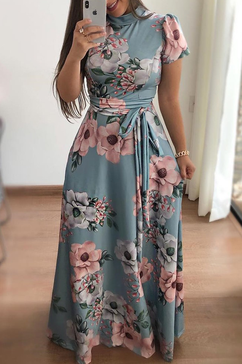 flowersverse Casual Print Half A Turtleneck Waist Skirt Dresses(3 Colors)