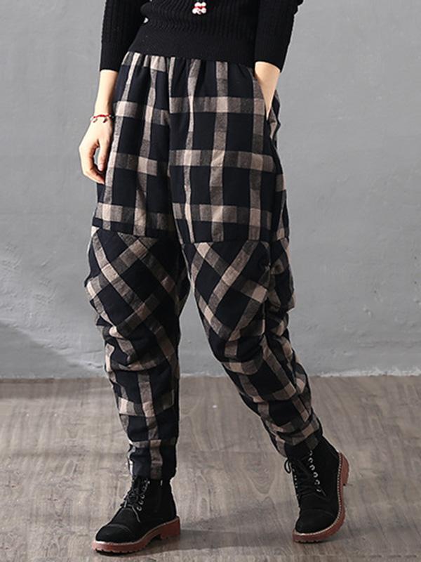 flowersverse Vintage Plaid Thickening Pleated Harem Pants