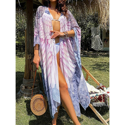 flowersverse Women's Cover Up Beach Dress Beach Wear Midi Dress Print Fashion Casual Graphic Open Front 3/4 Length Sleeve Loose Fit Outdoor Daily Pink Blue  Spring Summer One Size