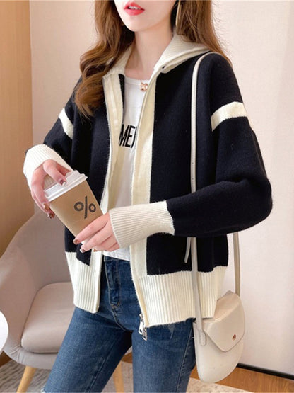 flowersverse Casual Long Sleeves Contrast Color Zipper Stand Collar Cardigan Tops