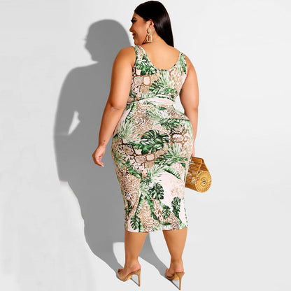 flowersverse Plus Size Printed Tank Top + Midi Skirt Set