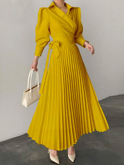 flowersverse Office Pleated Asymmetric Solid Color Lapel Maxi Dresses