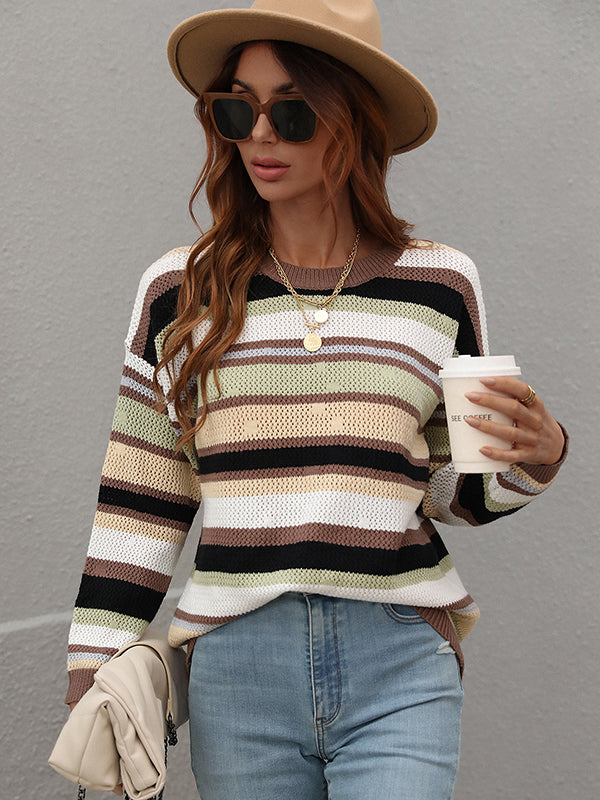 flowersverse Original Long Sleeves Loose Contrast Color Striped Round-Neck Sweater Tops