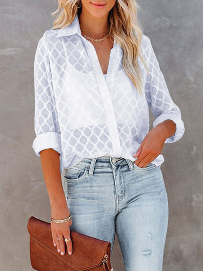 flowersverse Casual Long Sleeves Loose Buttoned See-Through Solid Color Lapel Collar Blouses&Shirts Tops