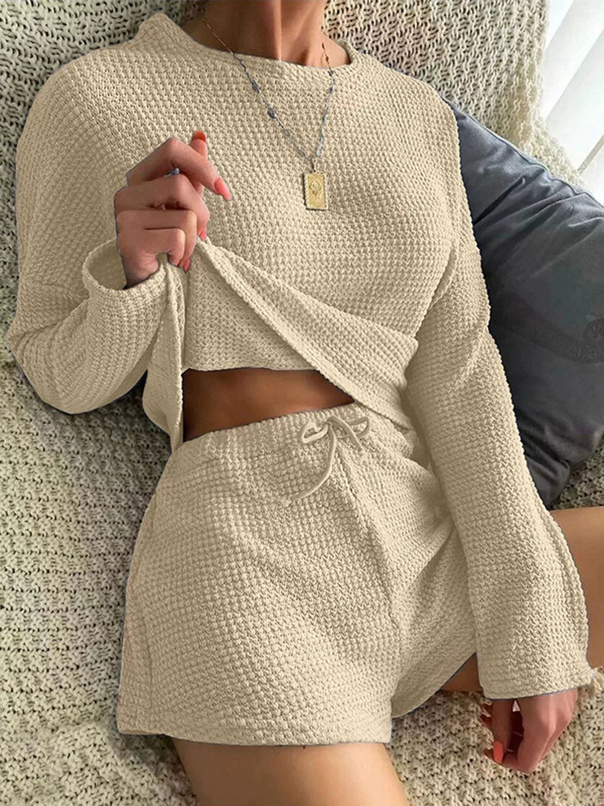 flowersverse Round Neck Long Sleeve Wide Leg Shorts Waffle Comfortable Two-Piece Homewear Pajamas Plus Size