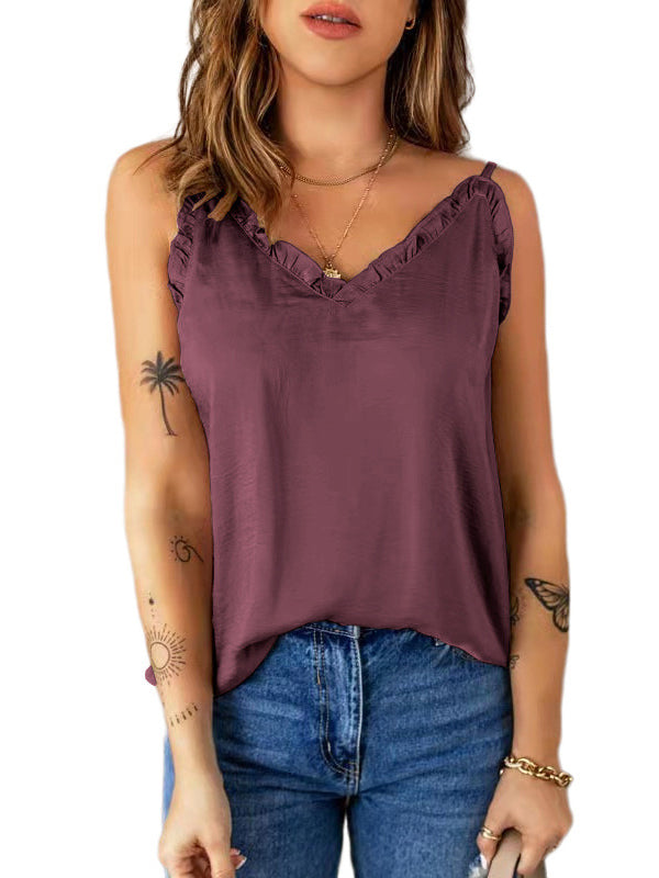 flowersverse Casual Solid Color Falbala Camisole Vest Top