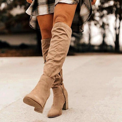 flowersverse Winter Women Boots Solid Square Knee-High With Heels Ladies Boots