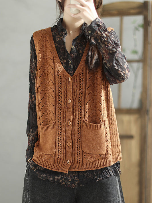 flowersverse Casual Loose Sleeveless Buttoned Hollow Solid Color V-Neck Vest Outerwear