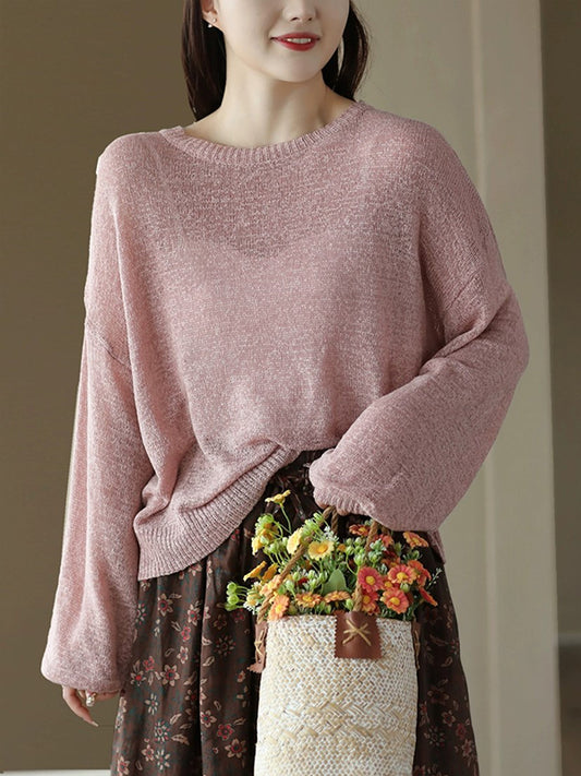 flowersverse See-Through Solid Color Long Sleeves Loose Round-Neck Sweater Tops