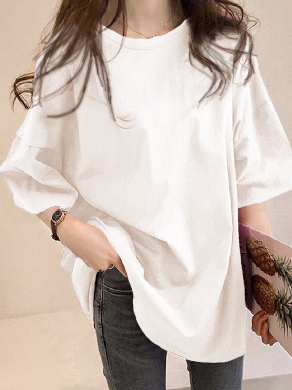 flowersverse Casual Loose Puff Sleeve Round-Neck T-Shirts Tops