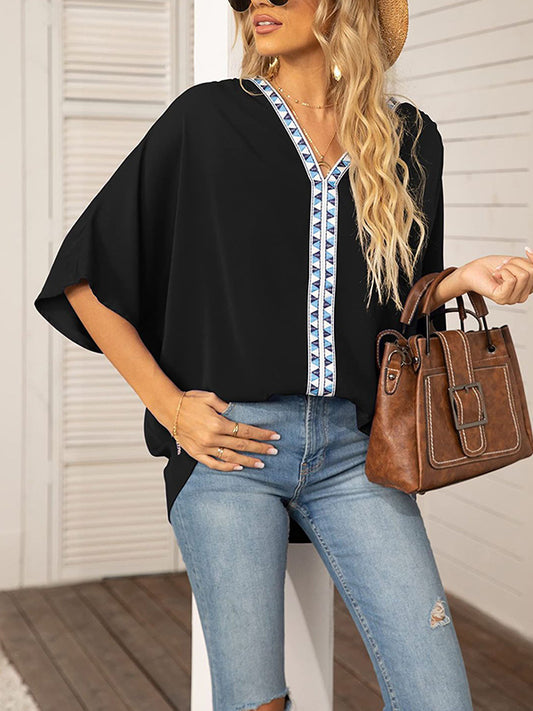 flowersverse Split-Joint Batwing Sleeves Loose V-neck Blouses&shirts Tops