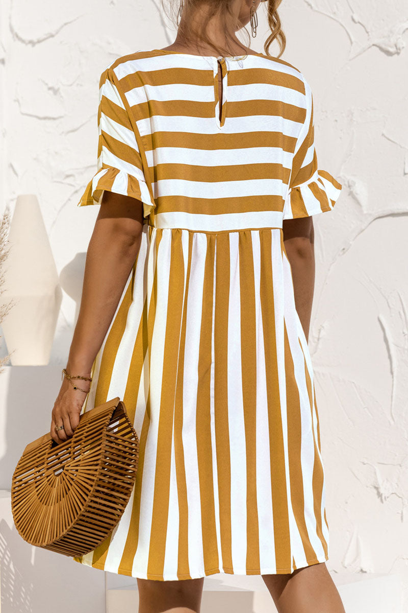 flowersverse Fashion Casual Striped Patchwork O Neck A Line Dresses