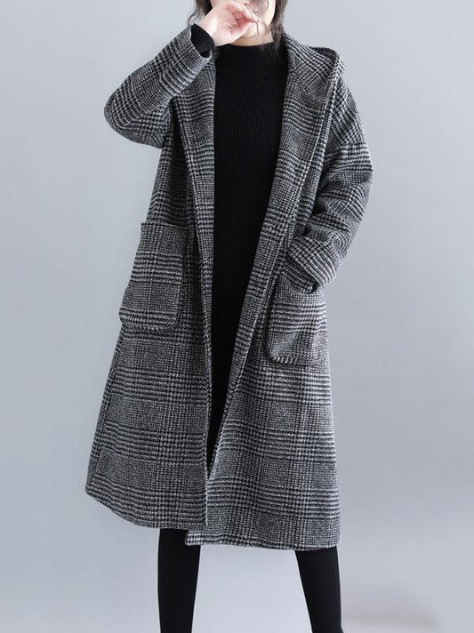 flowersverse Loose Plaid Woolen Hood Coat