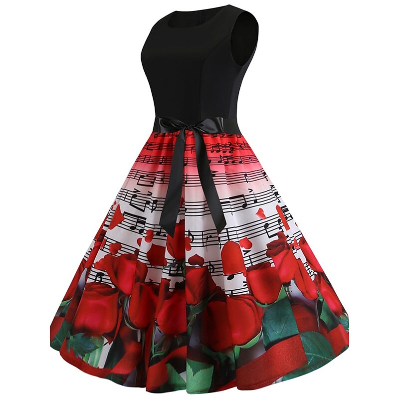 flowersverse Women's Elegant Retro Swing Dress Midi Dress Party Outdoor Patchwork Bow Floral Crew Neck Sleeveless Regular Fit Spring Summer  Red S M L XL