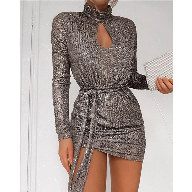 flowersverse Women Sequined Keyhole Tie Waist Dress Club Wear Party Mini Dress Asymmetric Sexy Bodycon Mini Vestidos