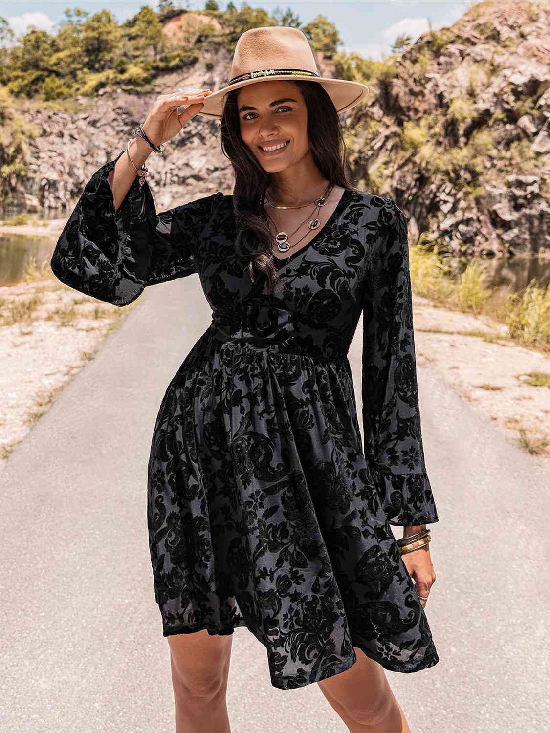 flowersverse Floral V-Neck Flare Sleeve Mini Dress