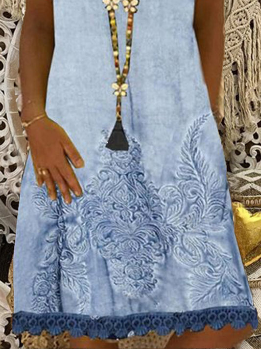 flowersverse Plus SIze Vintage Boho Hippie Shift Short Sleeve V Neck Weaving Dress