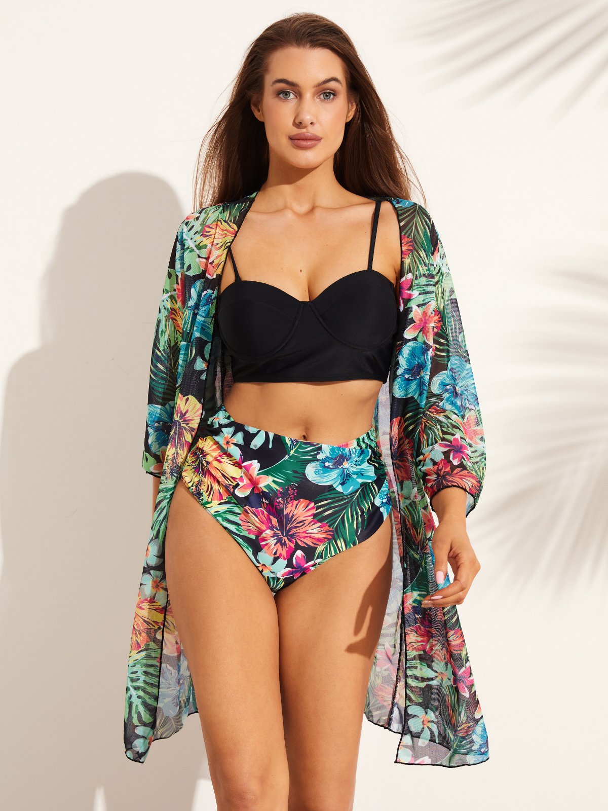 flowersverse Elegant Plants Printing Scoop Neck Bikinis set Three-Piece Set