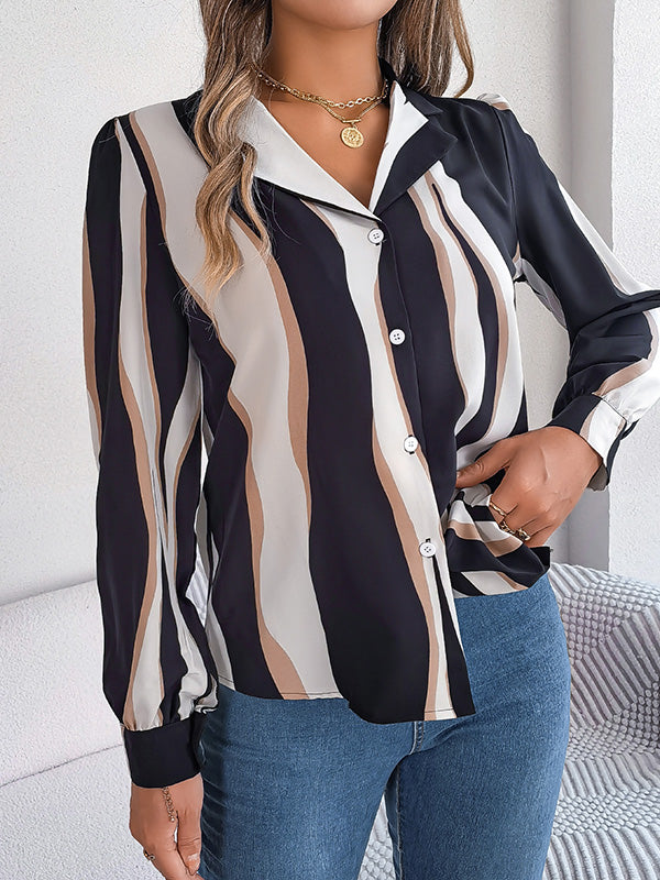 flowersverse Buttoned Contrast Color Printed Long Sleeves Loose Notched Collar Blouses&Shirts Tops