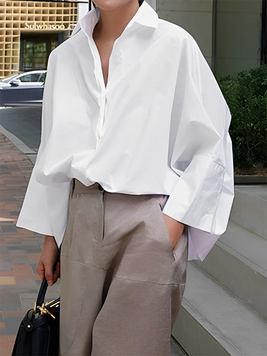 flowersverse Long Sleeves Loose Solid Color Lapel Collar Blouses&Shirts Tops