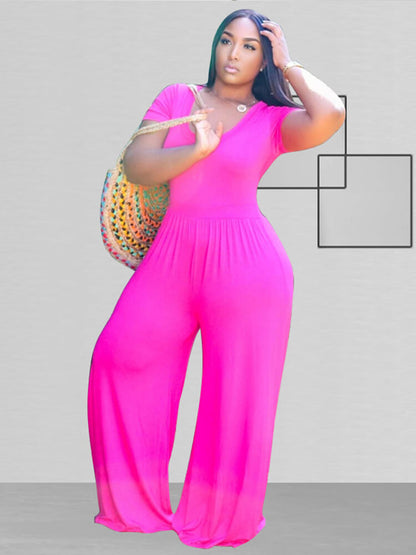 flowersverse Plus Size Short Sleeve Wide Leg Pant Jumpsuit