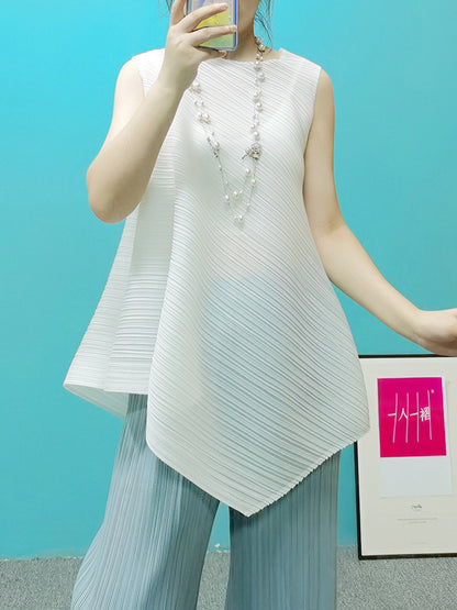 flowersverse Pleated Solid Color Irregular Clipping Loose Round-Neck Vest Top