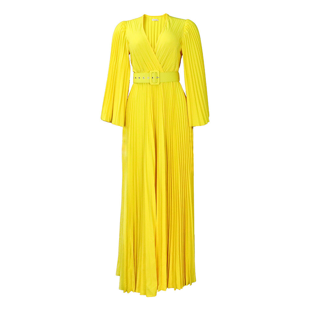 flowersverse Women's V-neck Sexy Pleated Polyester Formal Swing Maxi Dress