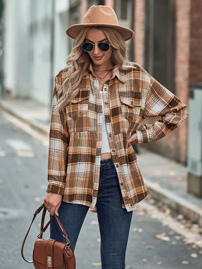 flowersverse Vintage Loose Checkered Lapel Blouses&Shirts Tops