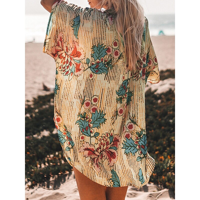 flowersverse Women's Shirt Dress Beach Dress Beach Wear Mini Dress Print Casual Floral Turndown Short Sleeve Loose Fit Outdoor Daily Blue  Spring Summer One Size