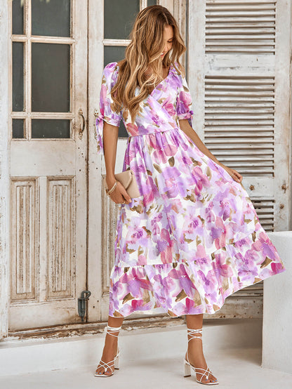 flowersverse TANYA PAINTING FLORAL SHORT SLEEVE MAXI DRESS - PURPLE