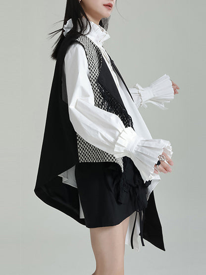 flowersverse Asymmetric Buttoned Houndstooth Ruffle Sleeves Sleeveless Vest Outerwear