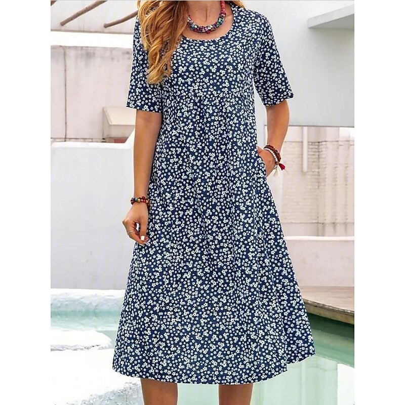 flowersverse Women's Casual Dress Floral Dress Print Dress Floral Pocket Print U Neck Midi Dress Active Fashion Outdoor Daily Short Sleeve Loose Fit Yellow Blue Orange Spring Summer S M L XL XXL