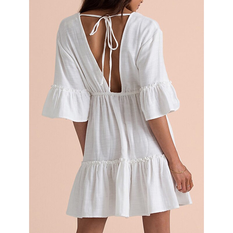 flowersverse Women's Cover Up Beach Dress Beach Wear Mini Dress Ruched Backless Basic Fashion Plain V Neck 3/4 Length Sleeve Loose Fit Outdoor Daily White  Spring Summer One Size