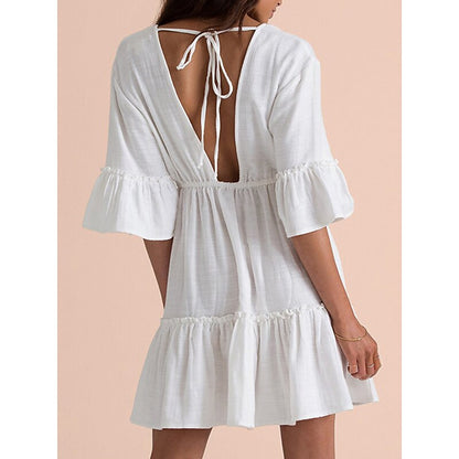 flowersverse Women's Cover Up Beach Dress Beach Wear Mini Dress Ruched Backless Basic Fashion Plain V Neck 3/4 Length Sleeve Loose Fit Outdoor Daily White  Spring Summer One Size