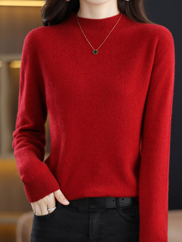 flowersverse Casual Long Sleeves Solid Color Half Turtleneck Sweater Tops