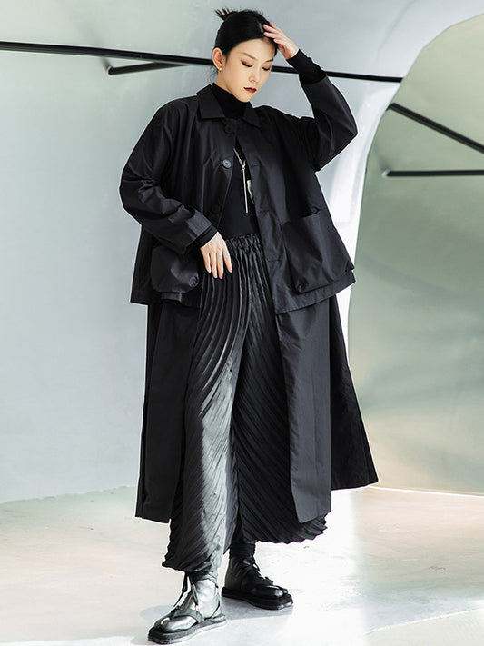 flowersverse Loose Split-Joint Black False Two Trench Coat