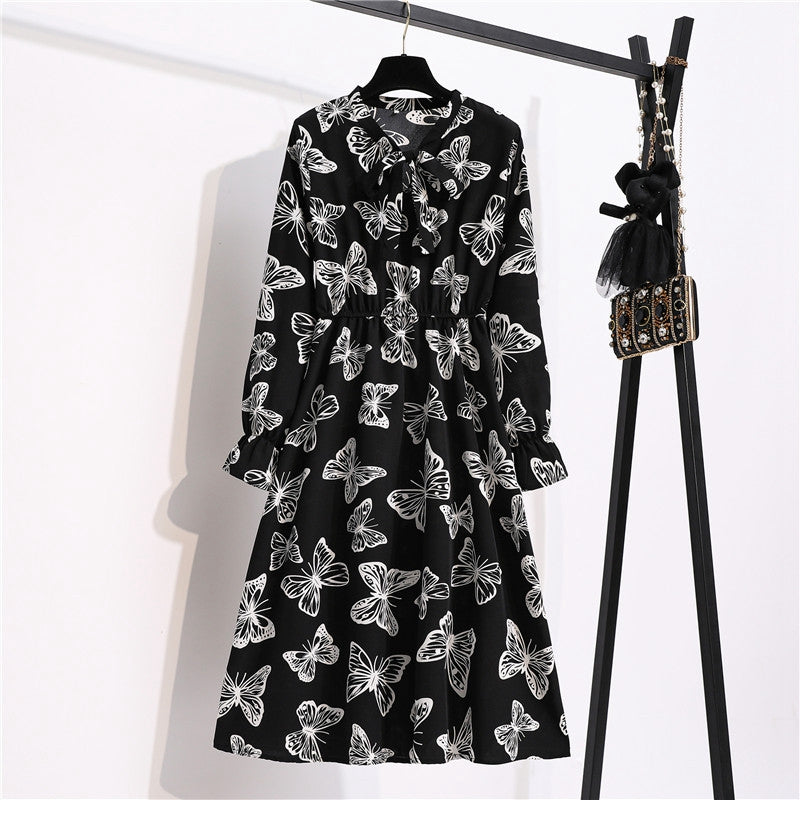 flowersverse Autumn Winter Ladies Chiffon High Elastic Waist Women Bow Aline Full Sleeve Flower Print Floral Party Dress Female Vestido