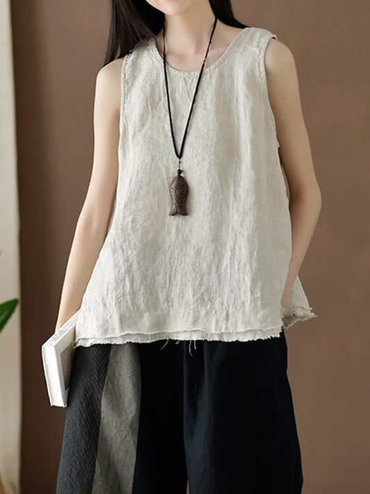 flowersverse Fringed Solid Color Loose Sleeveless Round-Neck Vest Top