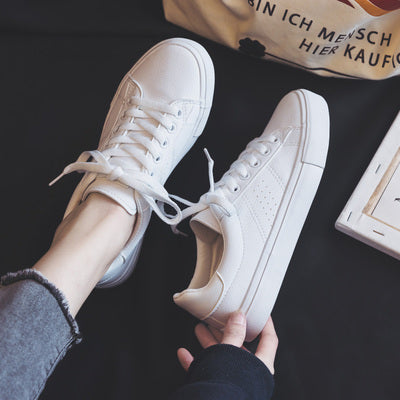 flowersverse Women&#39;s Shoes New Fashion Casual Platform Soild Leather Classic Cotton Women Vulcanize Shoes Casual Lace-up White Shoes Sneakers