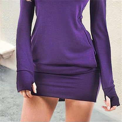 flowersverse Women‘s Hoodie Dress Winter Dress Purple Dark Grey Long Sleeve Pure Color Pocket Winter Fall Turtleneck Casual Classic Fall Dress  S M L XL / Sheath Dress