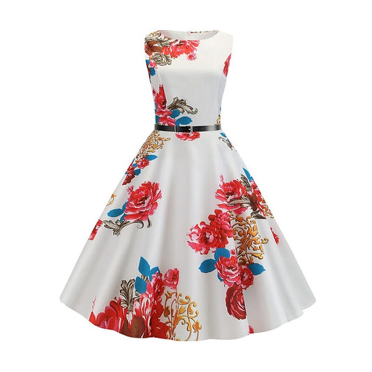 flowersverse Women's Elegant Retro Swing Dress Midi Dress Party Daily With Belt Print Floral Crew Neck Sleeveless Regular Fit Spring Summer  White Red S M L XL