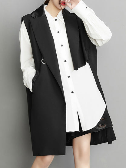 flowersverse Asymmetric Pockets Tied Sleeveless Notched Collar Vest Outerwear