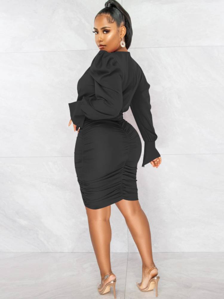 flowersverse Long Sleeve V Neck Ruched Bodycon Midi Dresses