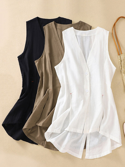 flowersverse Buttoned Solid Color Loose Sleeveless V-neck Vest Top